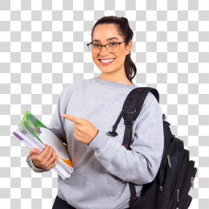 Garota jovem segurando seus livros escolares e apontando para o lado