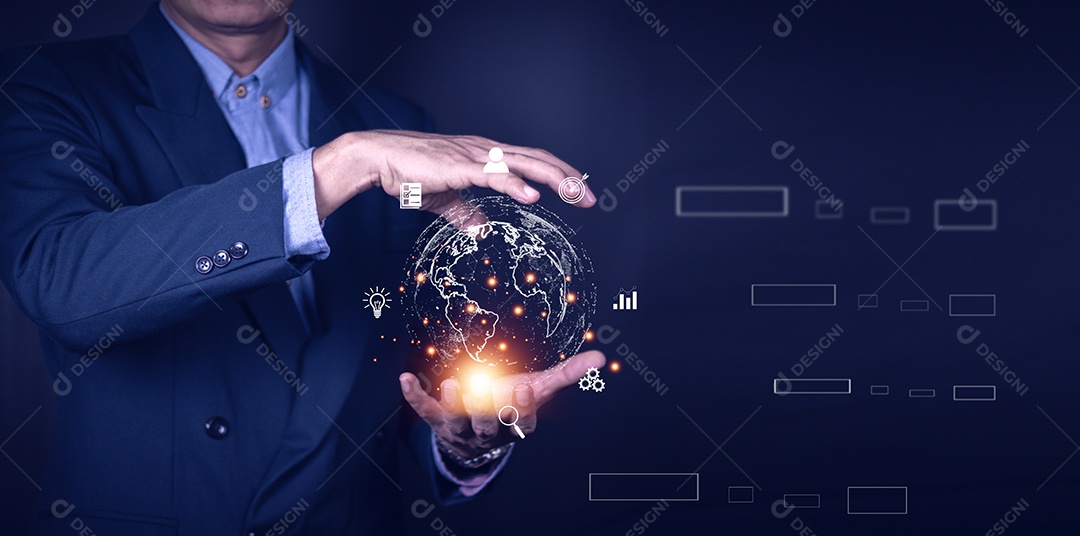 Homem de negócios que usa o telefone móvel esperto. Internet global de negócios