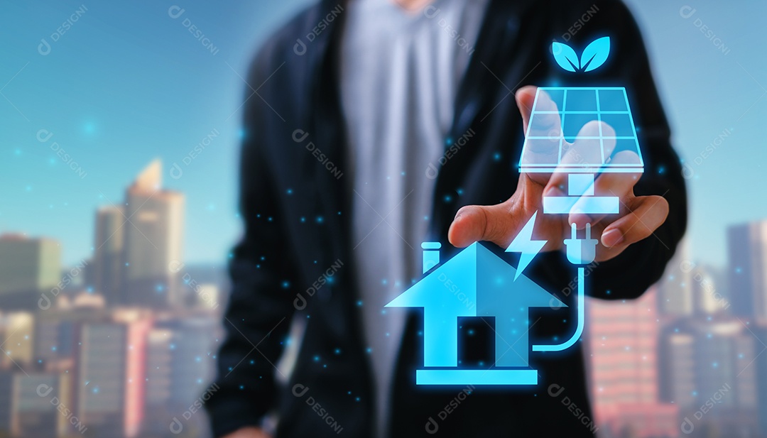 Use eletricidade de energia solar por painel solar ou turbina eólica, conceito de recursos