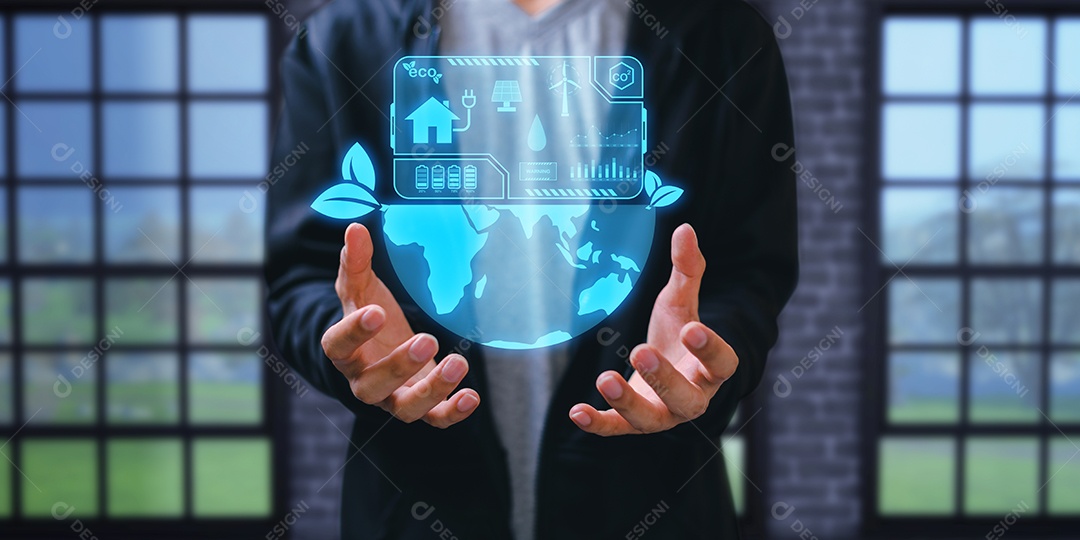 Use eletricidade de energia solar por painel solar ou turbina eólica, conceito de recursos