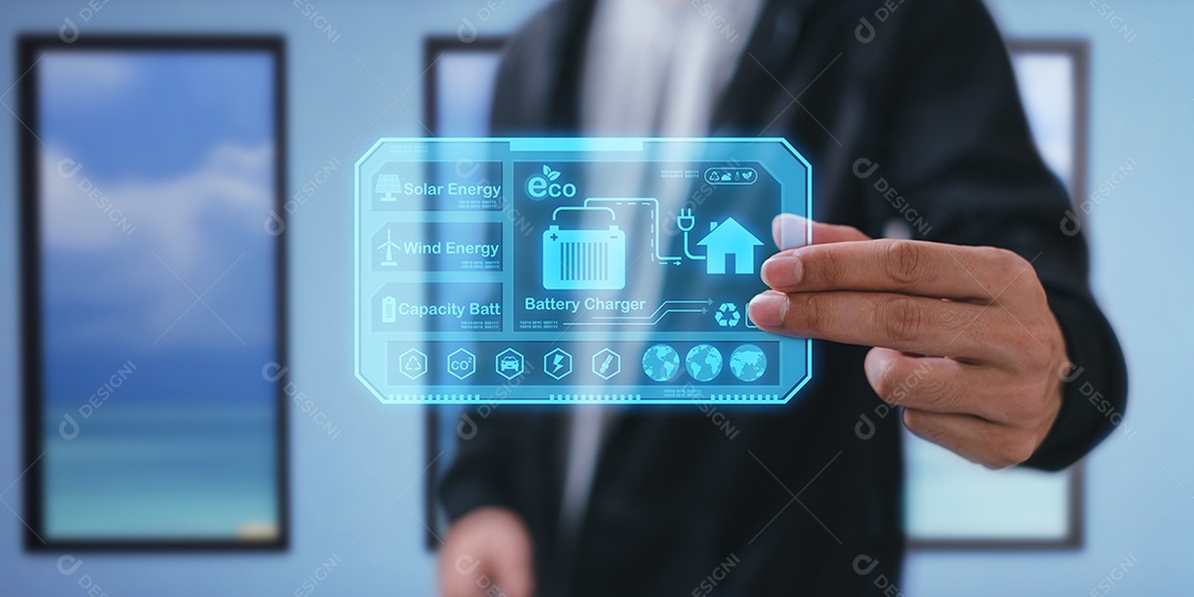 Use eletricidade de energia solar por painel solar ou turbina eólica, conceito de recursos