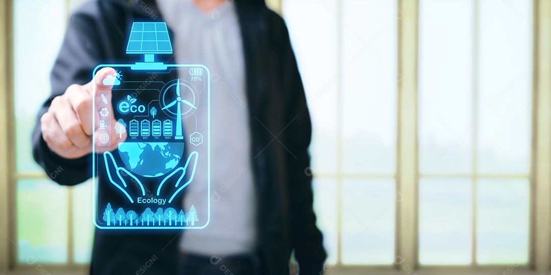 Use eletricidade de energia solar por painel solar ou turbina eólica, conceito de recursos