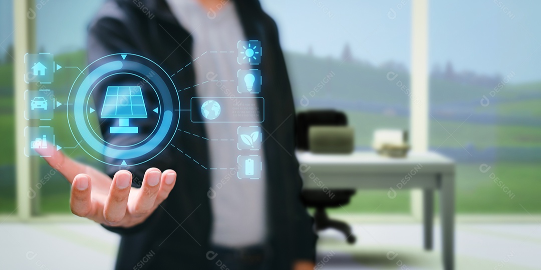 Use eletricidade de energia solar por painel solar ou turbina eólica, conceito de recursos