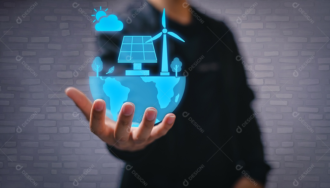 Use eletricidade de energia solar por painel solar ou turbina eólica, conceito de recursos