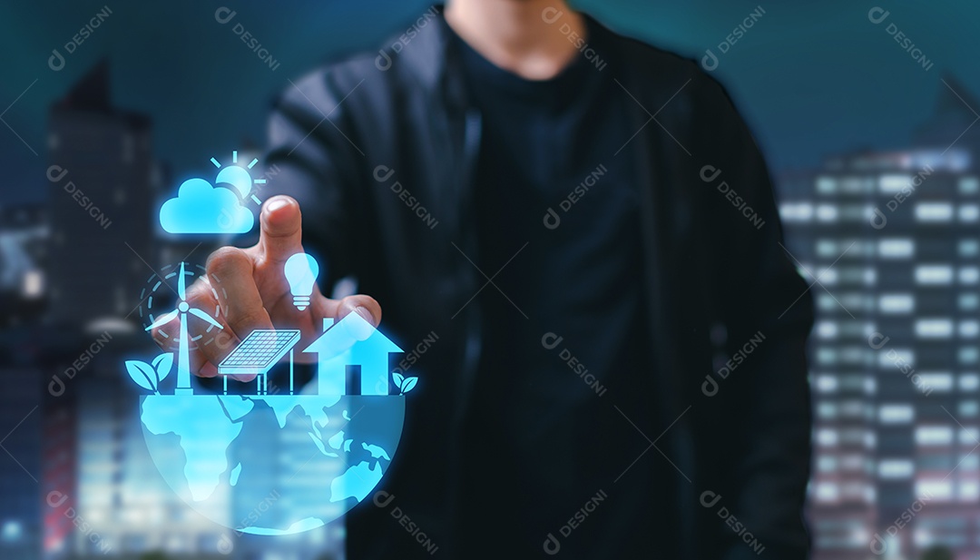 Use eletricidade de energia solar por painel solar ou turbina eólica, conceito de recursos