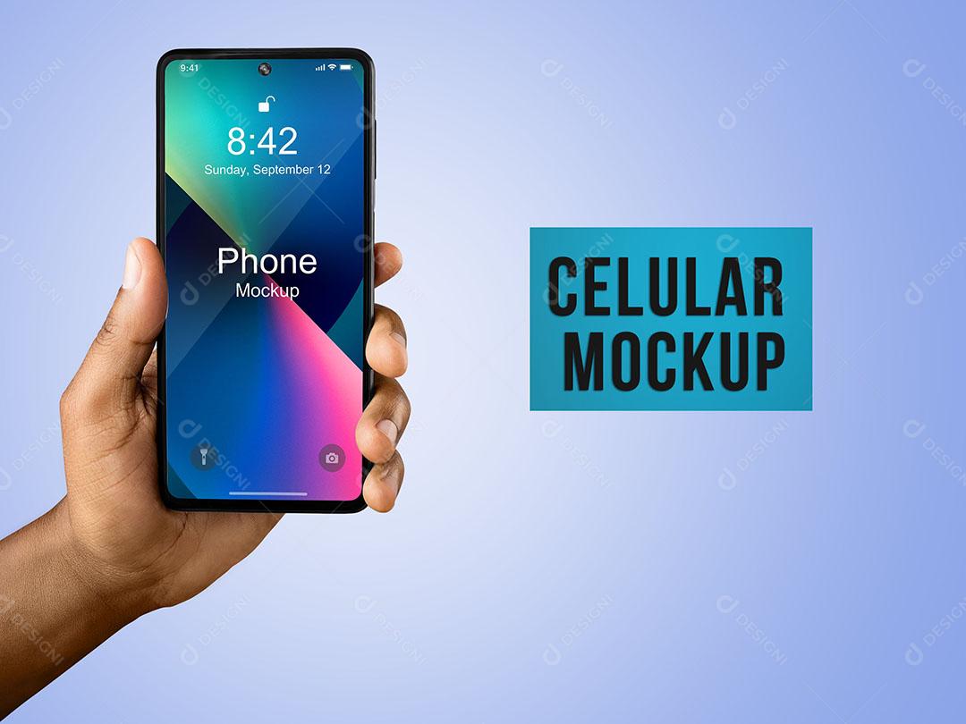 Celular Mockup na Mão Negra PSD