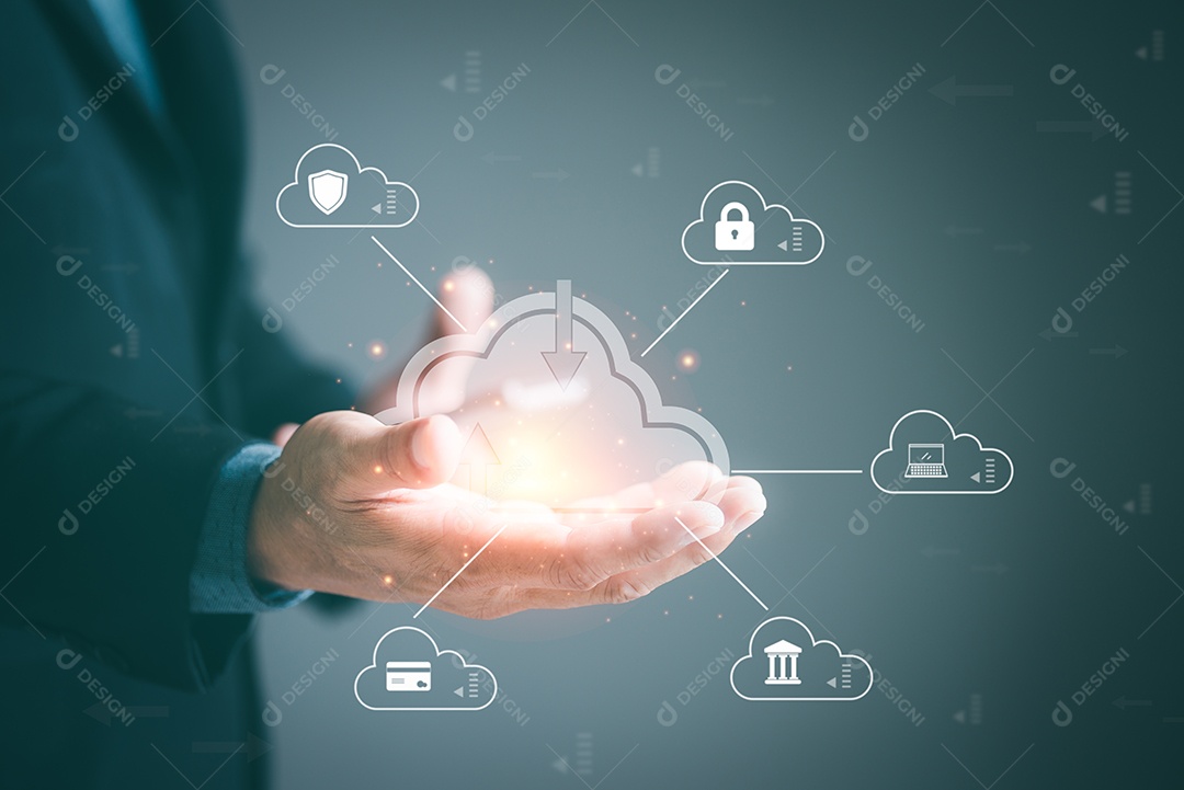 Ícone de tecnologia de nuvem nas mãos de pessoas de negócios