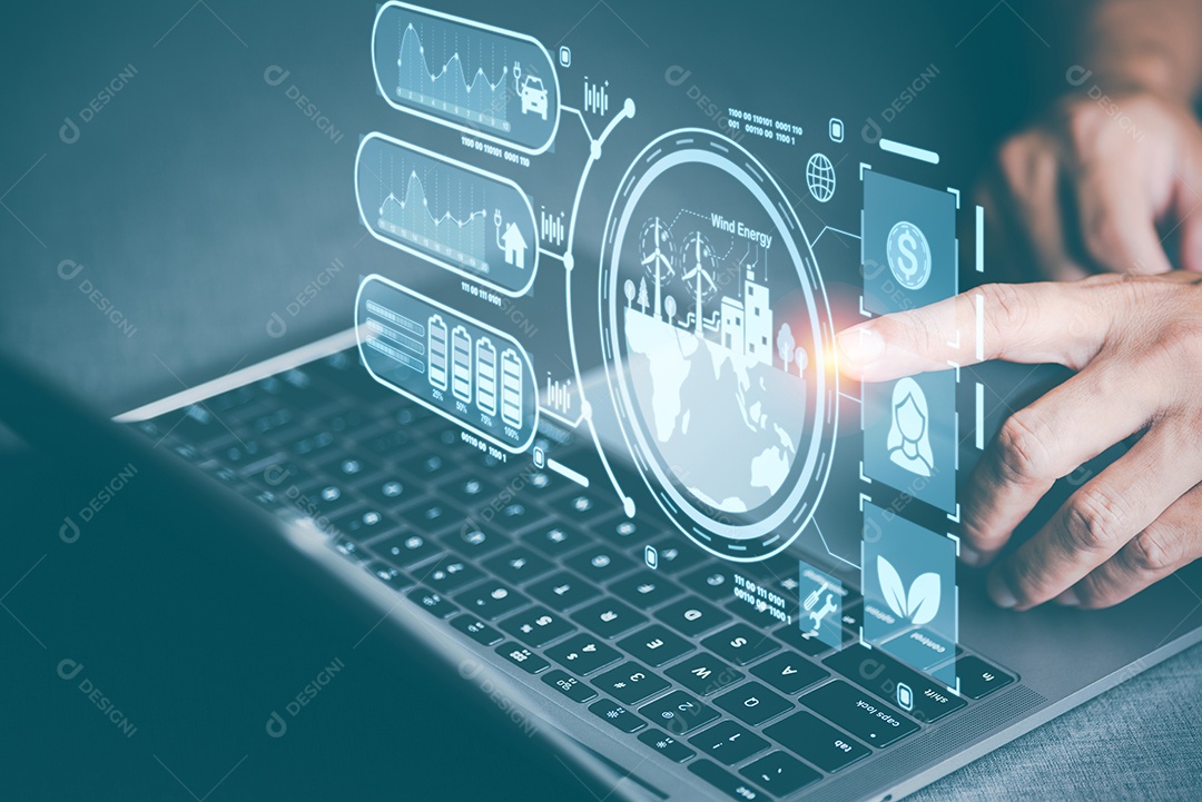 Jovem empresário apontando para um ícone, conceito de energia alternativa