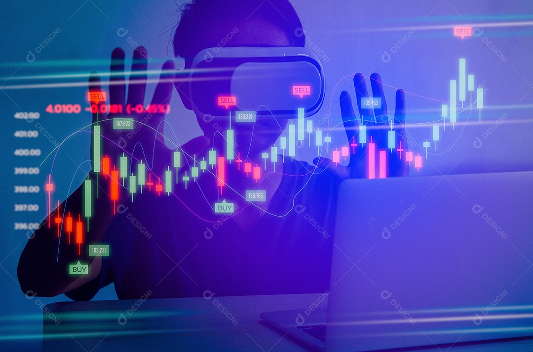 Homem usando óculos VR toque a tecnologia metaverse de tela virtual