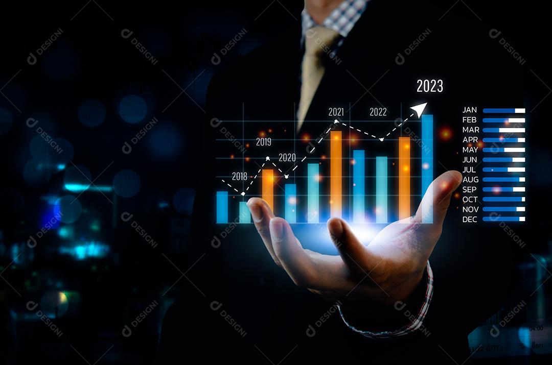 Big data chart virtual screen 2023 on economic analysis and investment finance
