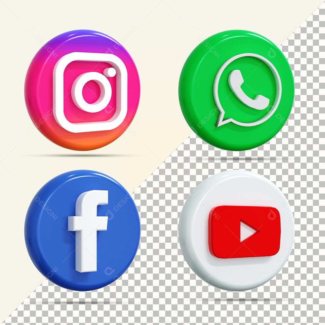 Ícones 3D De Redes Sociais Instagram whatsapp facebook e youtube Elemento PSD