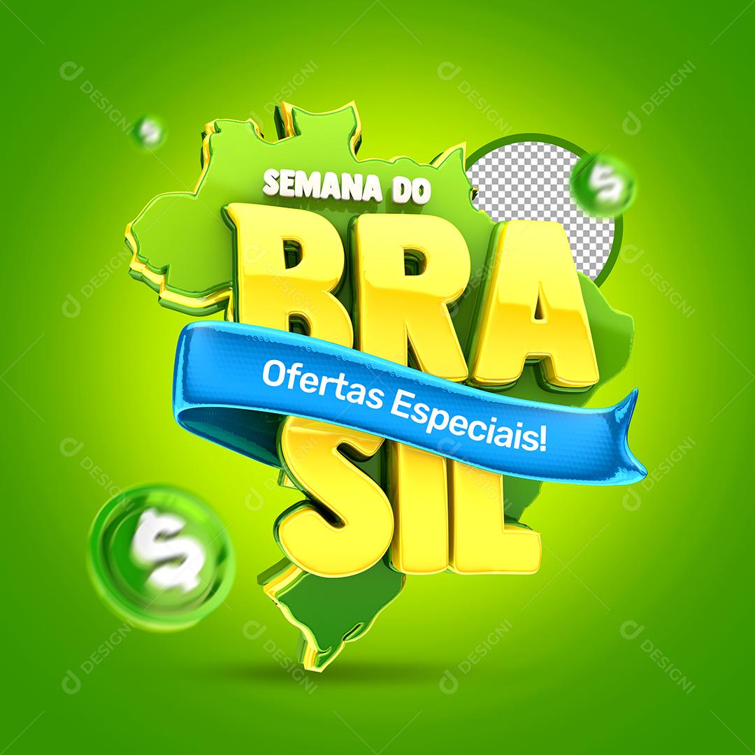 Semana do Brasil Ofertas Especiais Selo 3D Verde e Amarelo para composição PSD