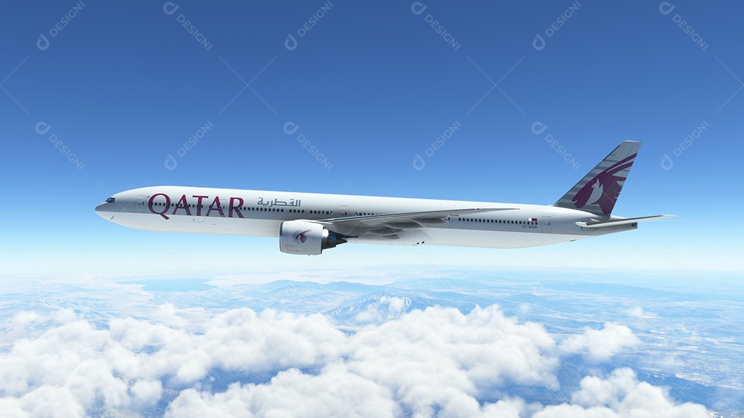Boeing 777-300R Qatar Airways flying over clear blue sky, Chicago, USA