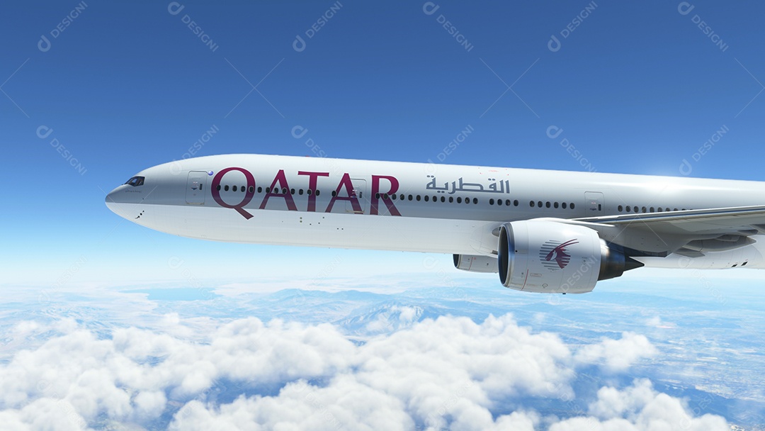 Boeing 777-300R Qatar Airways voando sobre o céu azul e limpo, Chicago, EUA