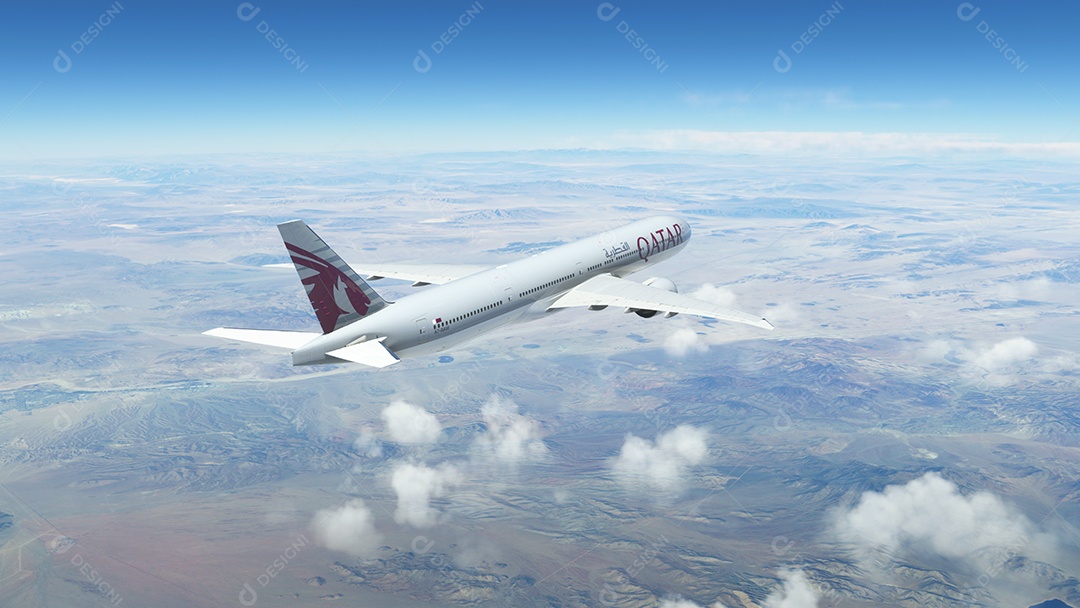 Boeing 777-300R Qatar Airways voando sobre o céu azul e limpo, Chicago, EUA