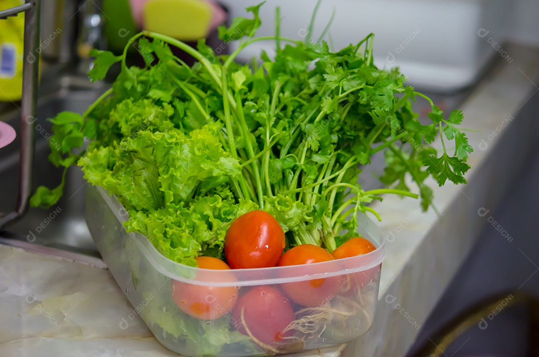 Prepare os legumes são colocados perto da pia para lavar aipo, alface, tomate.