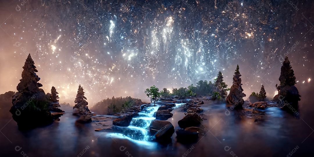 Via Láctea com florestas e cachoeiras 3D