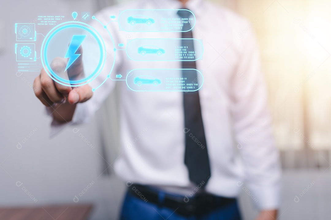 Escolhendo um veículo elétrico. escolha do carro elétrico. apontando para o símbolo