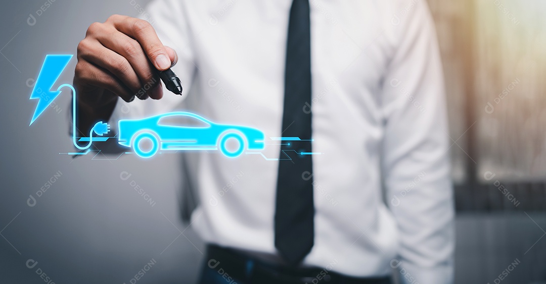 Escolhendo um veículo elétrico. escolha do carro elétrico. apontando para o símbolo