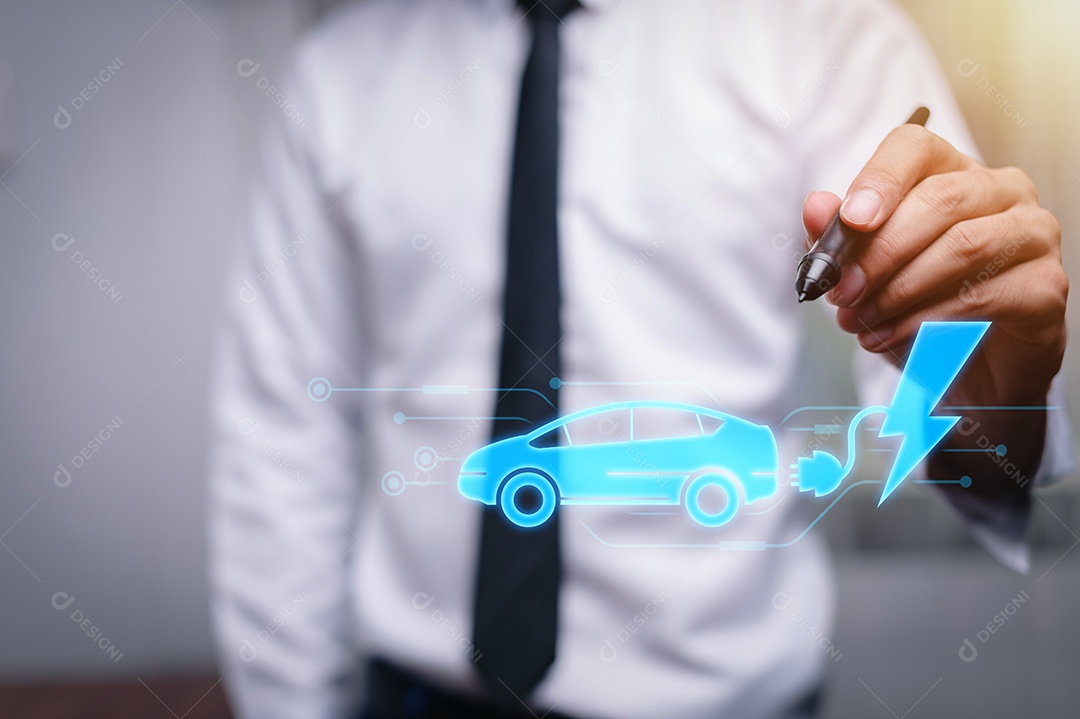 Escolhendo um veículo elétrico. escolha do carro elétrico. apontando para o símbolo