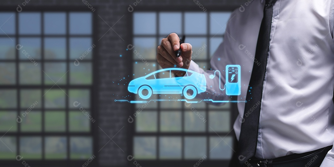 Escolhendo um veículo elétrico. escolha do carro elétrico. apontando para o símbolo