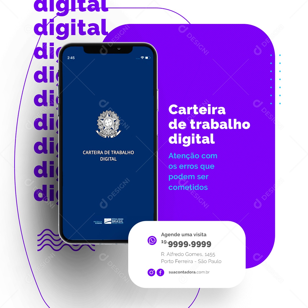 Carteira de trabalho digital atenção com os erros Contabilidade Social Media PSD Editável