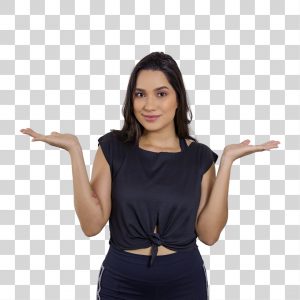 Jovem mulher de blusa fazendo gesto é expressão de dúvida