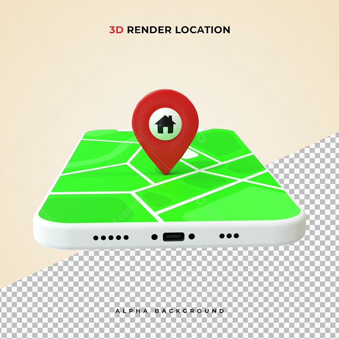 Mapa realista em celular com Pin de Localização vermelho 3D Elemento PSD