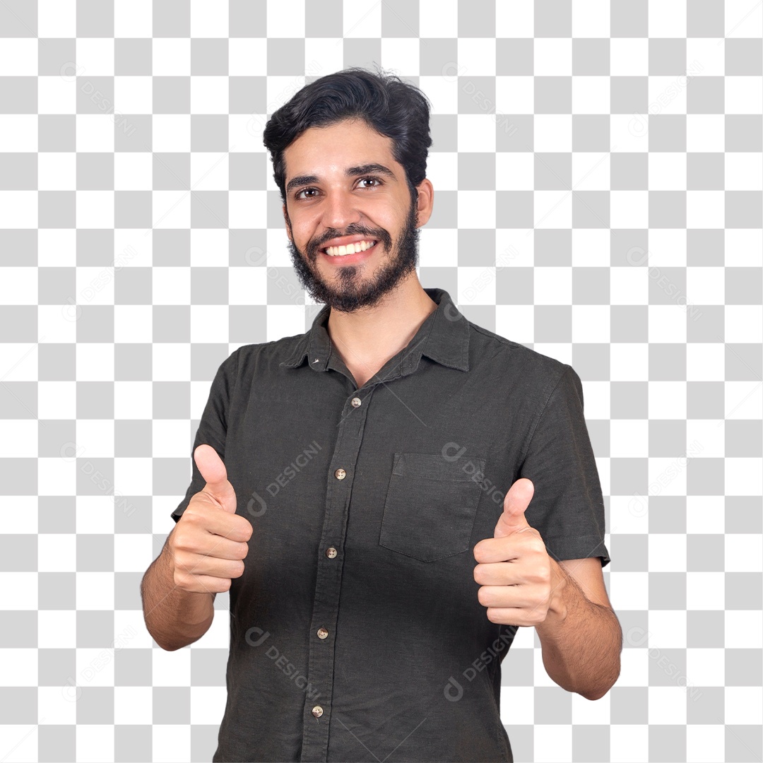 Jovem rapaz de camiseta cinza com polegares para cima gesto positivo