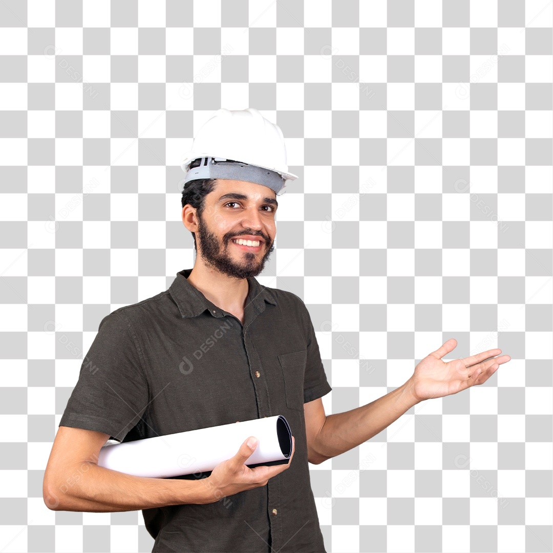 Jovem engenheiro de camiseta cinza segurando projeto para obra e com a mão estendida para o lado