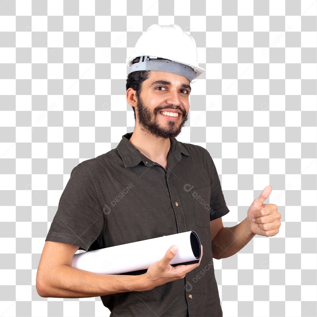 Young engineer in gray t-shirt holding blueprint for construction site and hand outstretched.