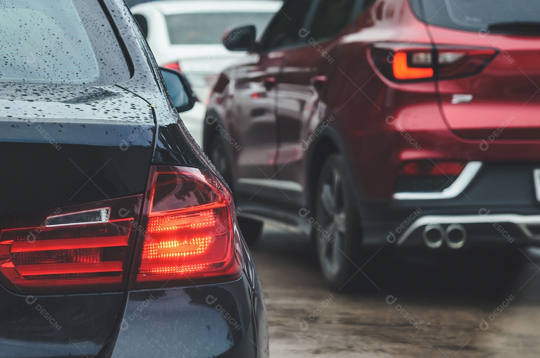 Car tail lights, rush hour traffic jams.