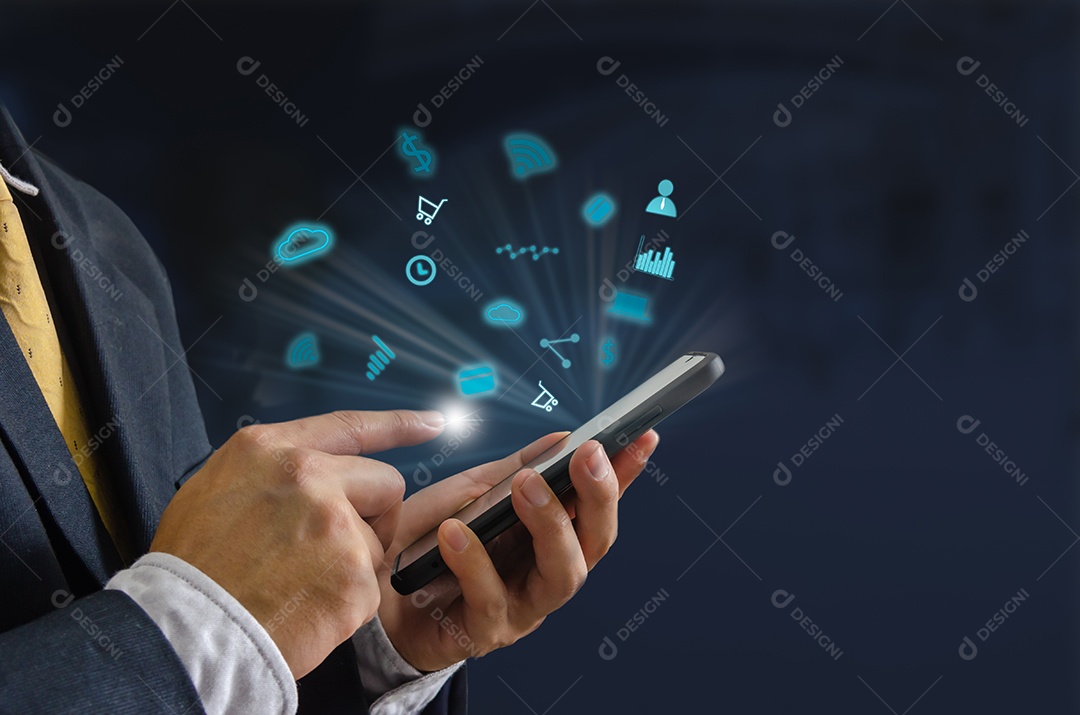 Hand holding smartphone with concept icons.