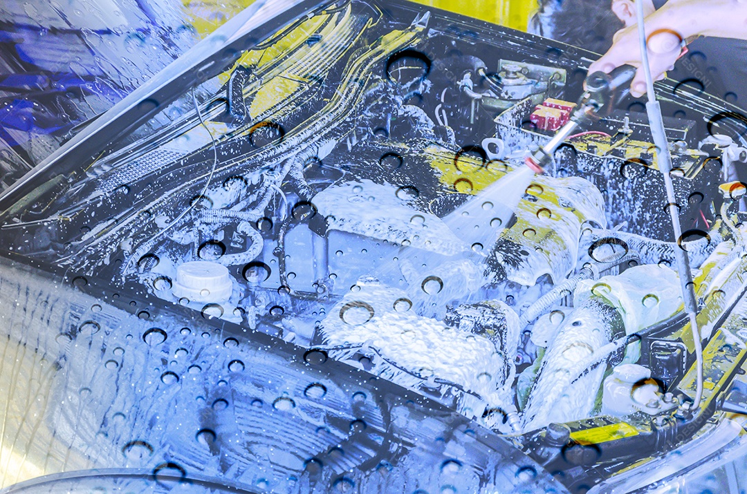 Limpeza detalhada dentro do motor Com espuma de lavagem de carro