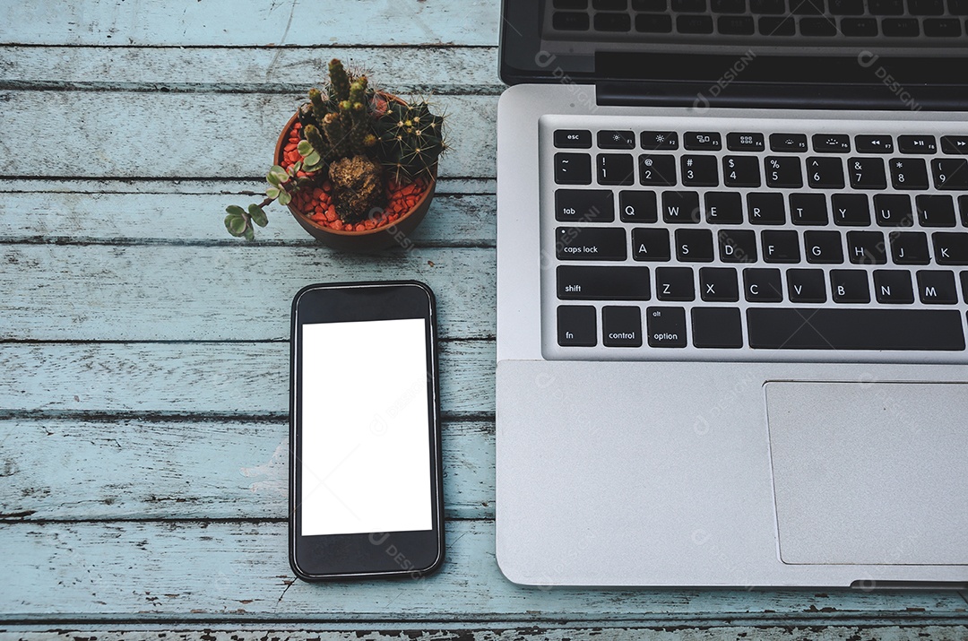 Laptop e smartphone e cacto em uma mesa de madeira. Tom vintage