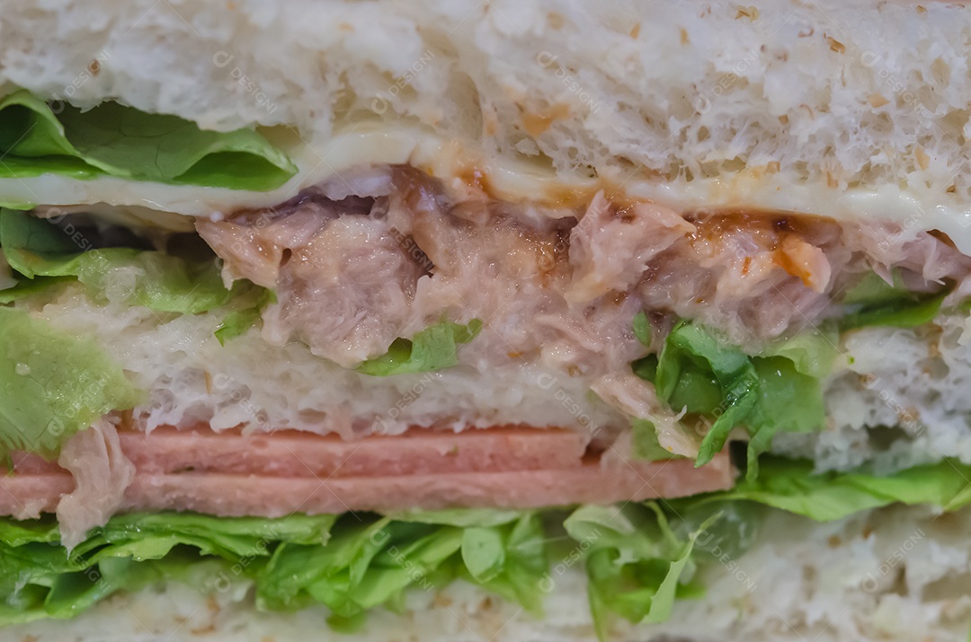 Sanduíches de salada de atum, presunto e legumes.