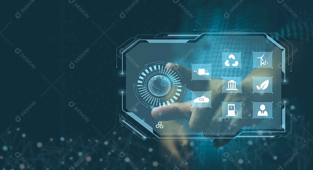 Empresário tocando a tela virtual ícone eco energia sustentável conceito de tecnologia digital de ambiente.