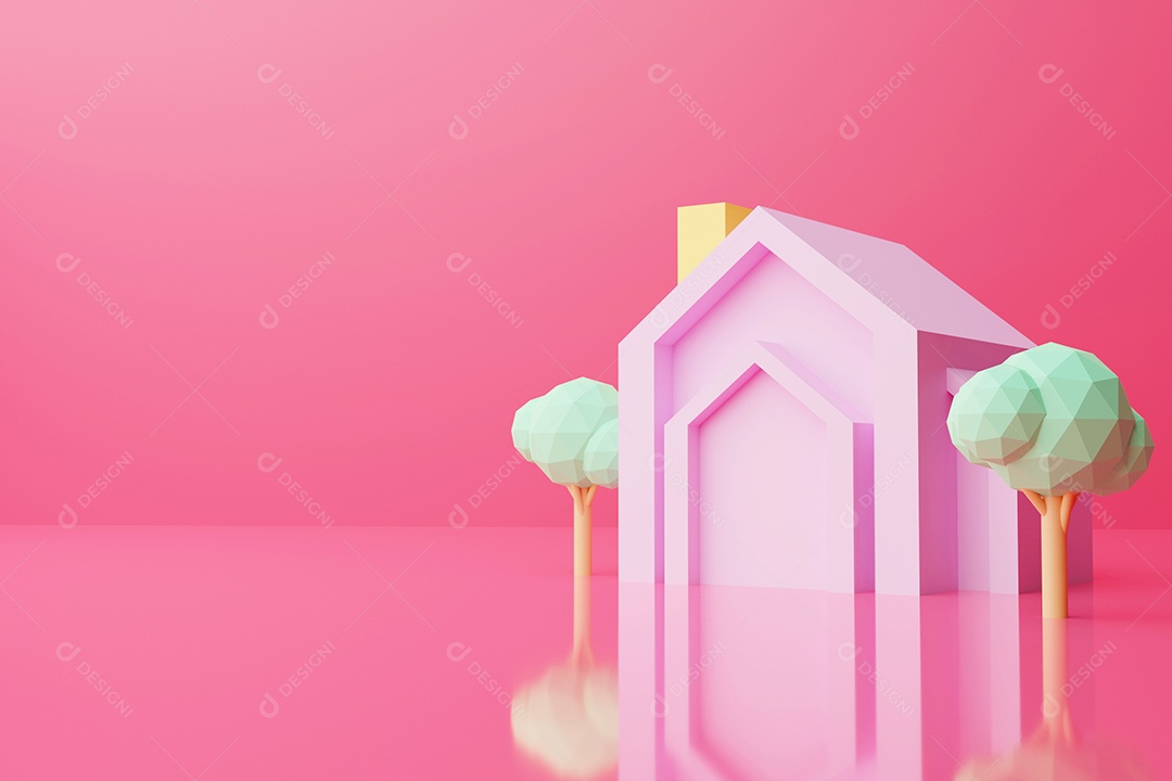 Modelo de casa em fundo vermelho, residência, edifício residencial, renderização 3D.