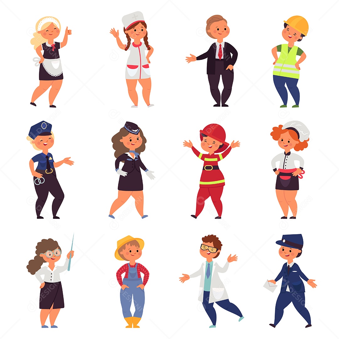 Profissões infantis. Trabalhadores infantis, profissionais diversos de bebês de desenhos animados. Engenheiro carpinteiro, divertido professor policial uniforme conjunto de vetores EPS