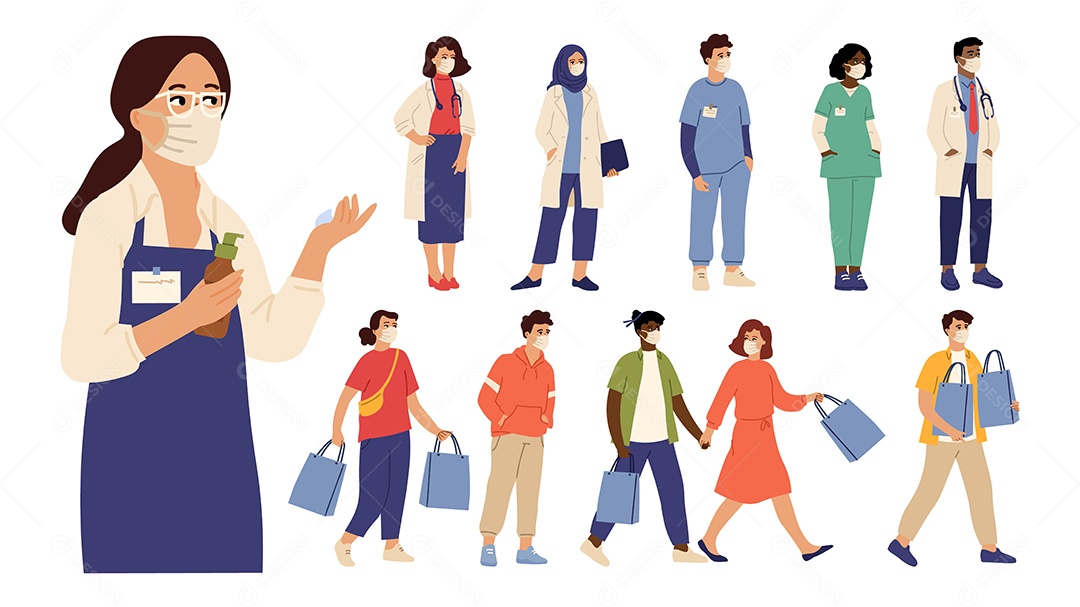 Pessoas usaando máscaras de proteção. Mulher homem prevenção da gripe, autoproteção do ar frio ou poeira. Médicos, personagens de vetores de vendedor de compradores