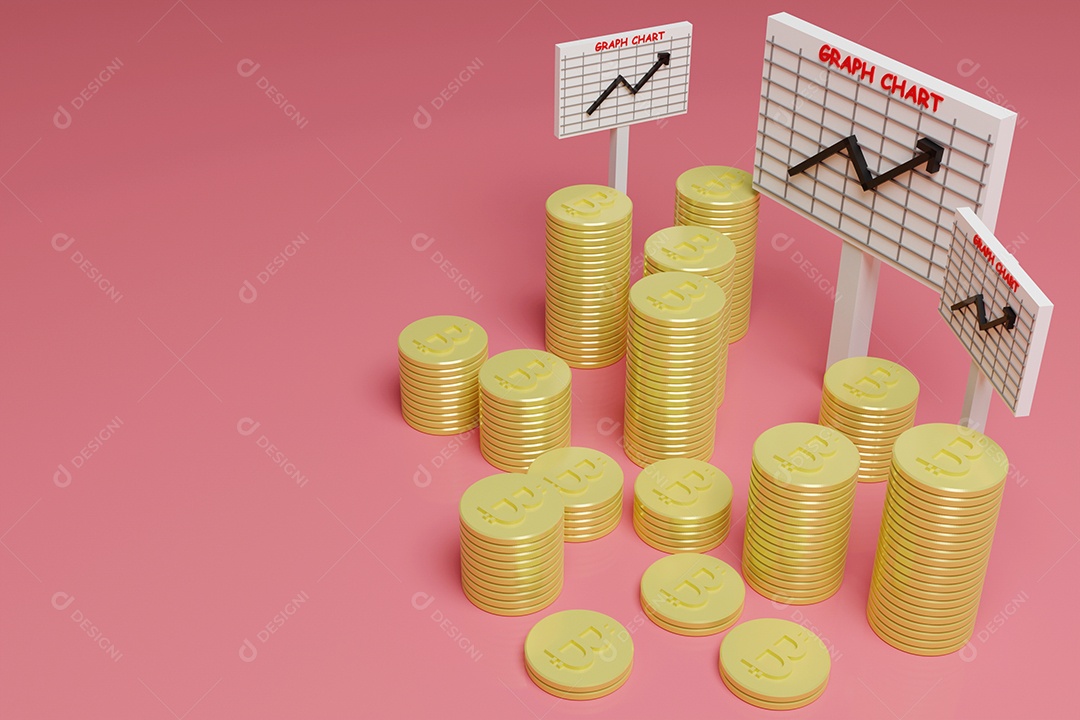 Pilha de Bitcoins de criptomoeda em um fundo isolado