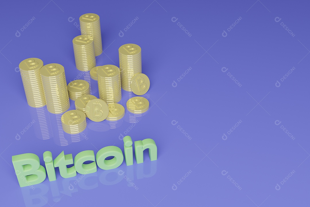 Pilha de Bitcoins de criptomoeda em um fundo roxo claro.