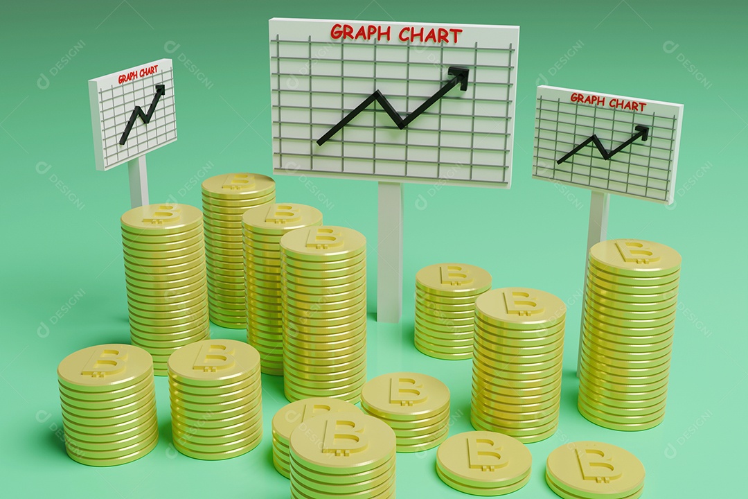 ilustração de renderização 3D com luzes suaves, pilhas de bitcoins de ouro