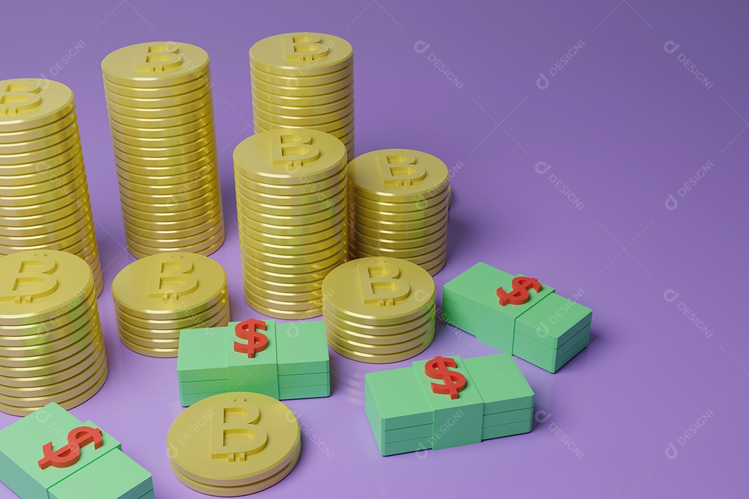 Moeda de bitcoin de renderização 3D disposta em barras ascendentes em um azul claro