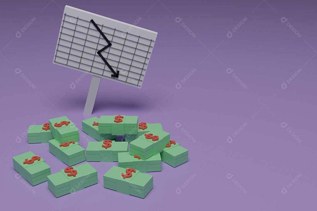 As cédulas do dólar americano empilham-se no chão e no gráfico gráfico, dólar