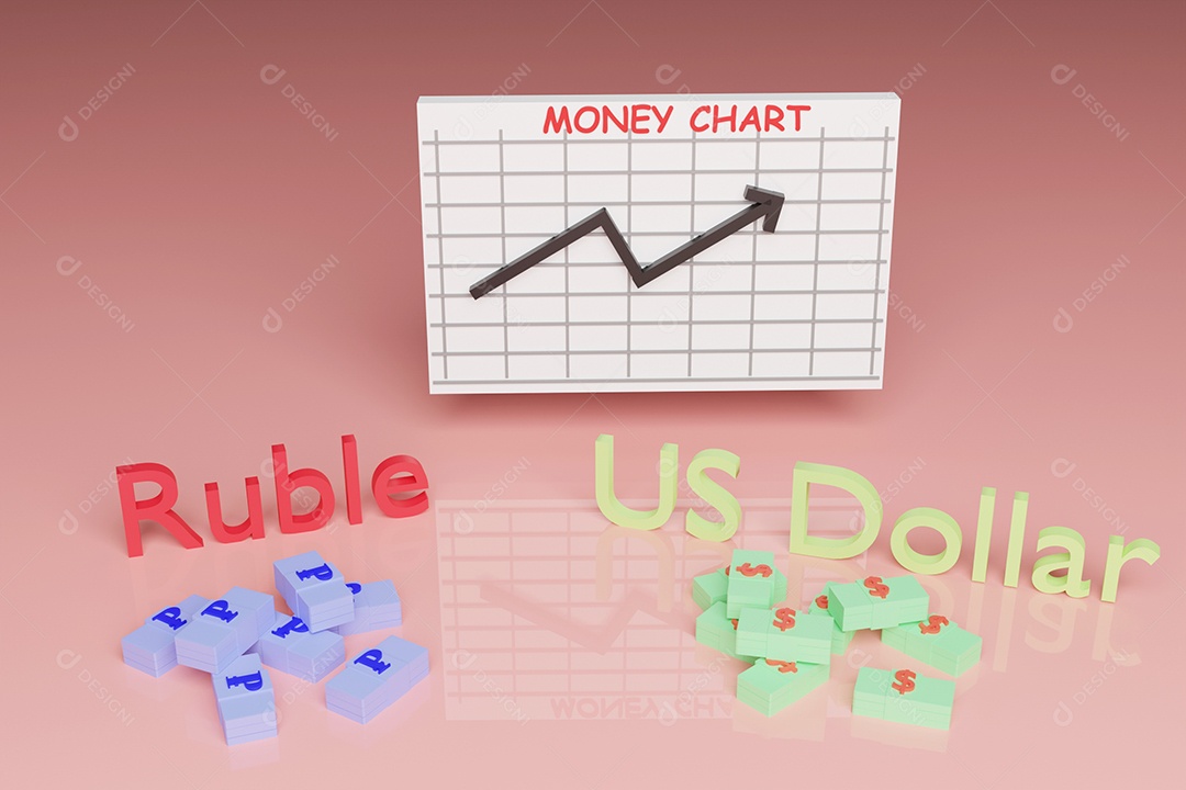 ilustração de renderização 3D com luzes suaves, rublo e dólar