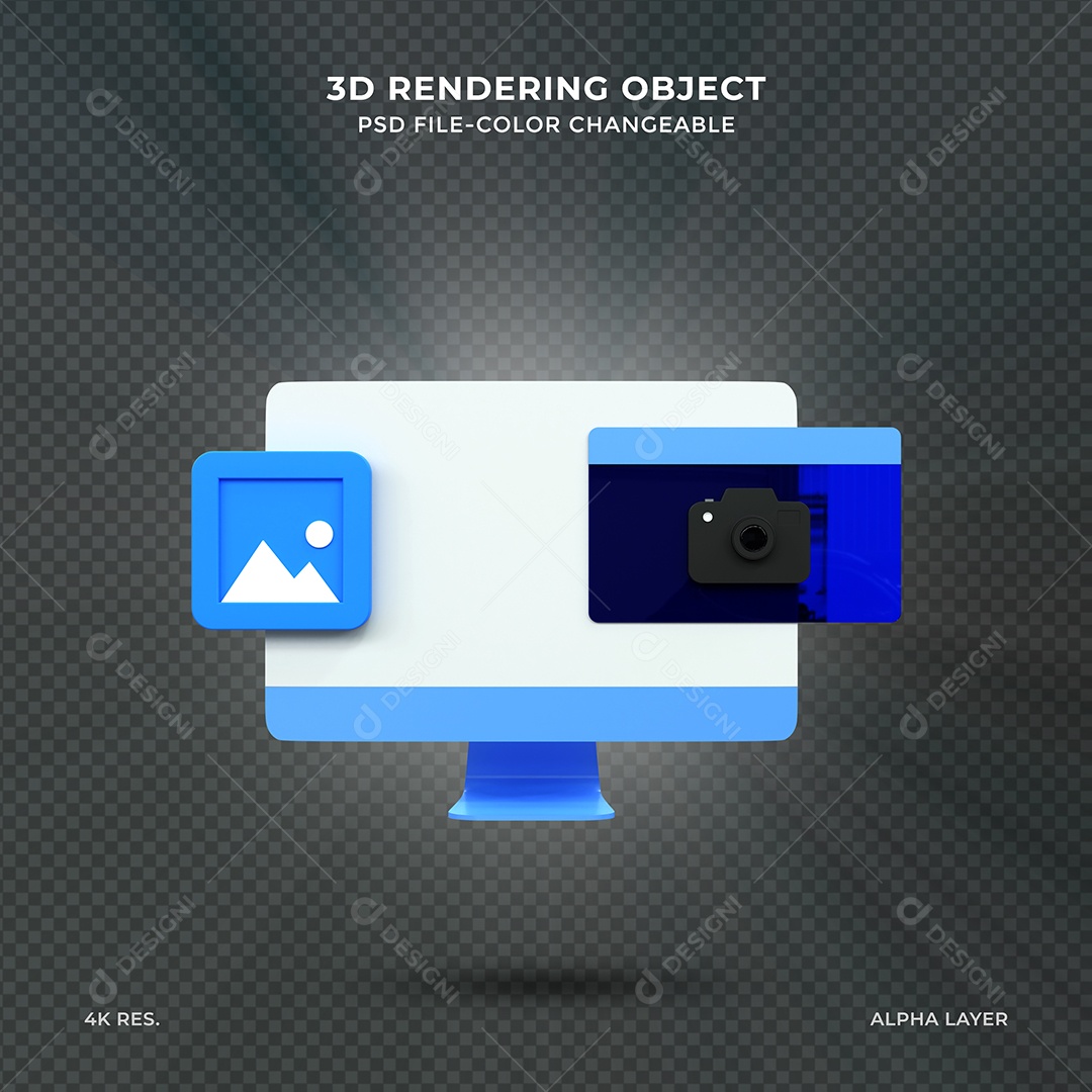 Laptop com câmera fotográfica com imagem impressa Elemento 3D PSD