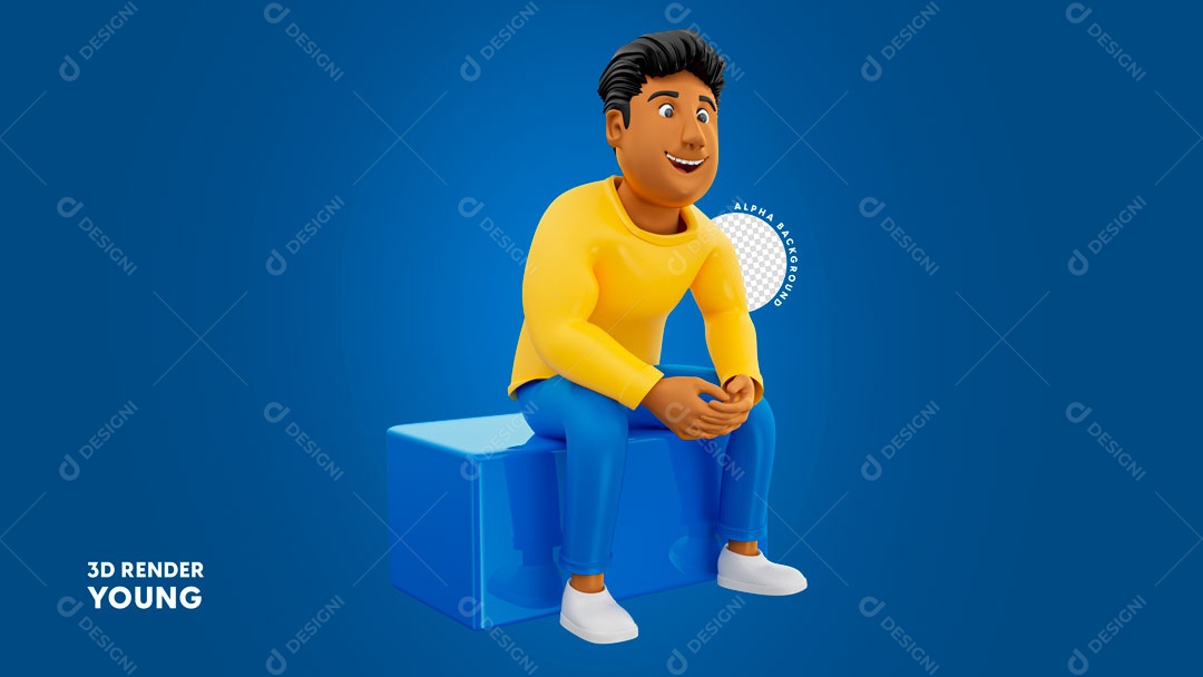 Personagem 3D Homem Moreno Sentado Em Cubo Azul PSD