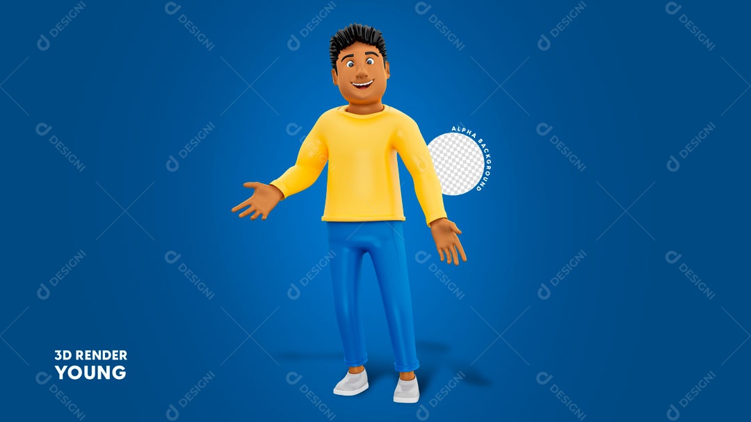 Personagem 3D Homem Moreno Com Camiseta Amarela Em Fundo Azul PSD