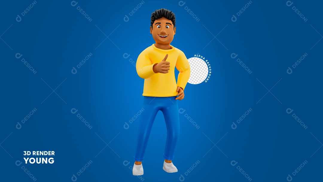 Personagem 3D Homem Moreno Com Camiseta Amarela Em Fundo Azul PSD
